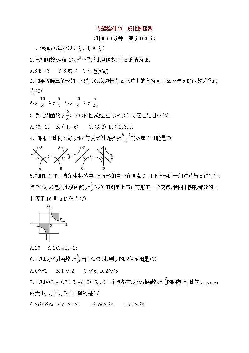 (通用版)中考数学一轮总复习专题检测11《反比例函数》(教师版)01