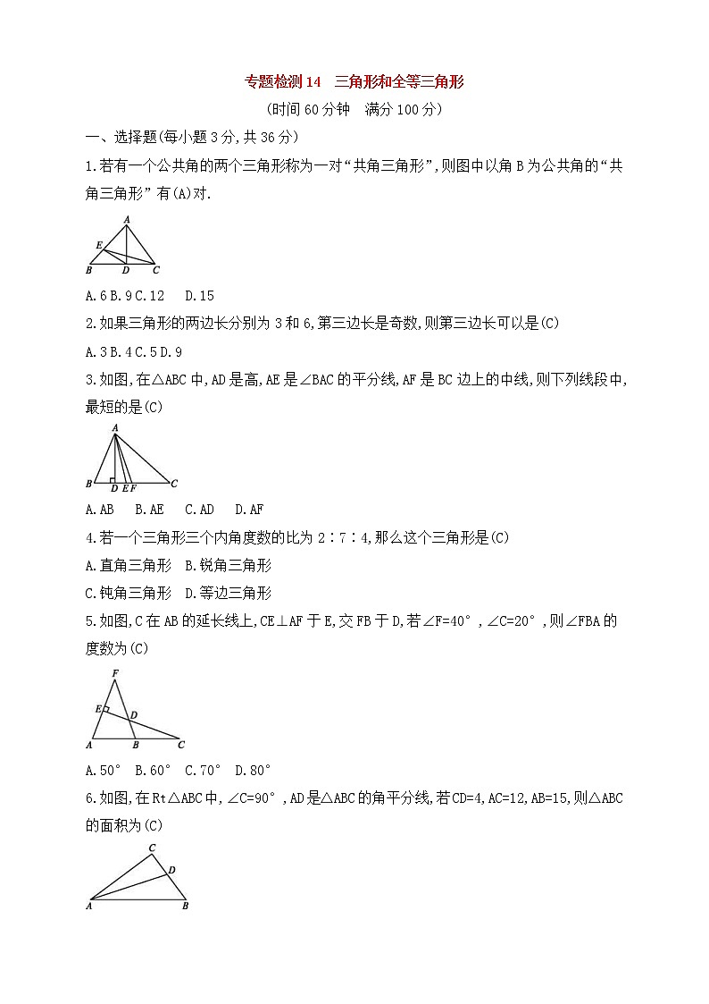 (通用版)中考数学一轮总复习专题检测14《三角形和全等三角形》(教师版)第1页