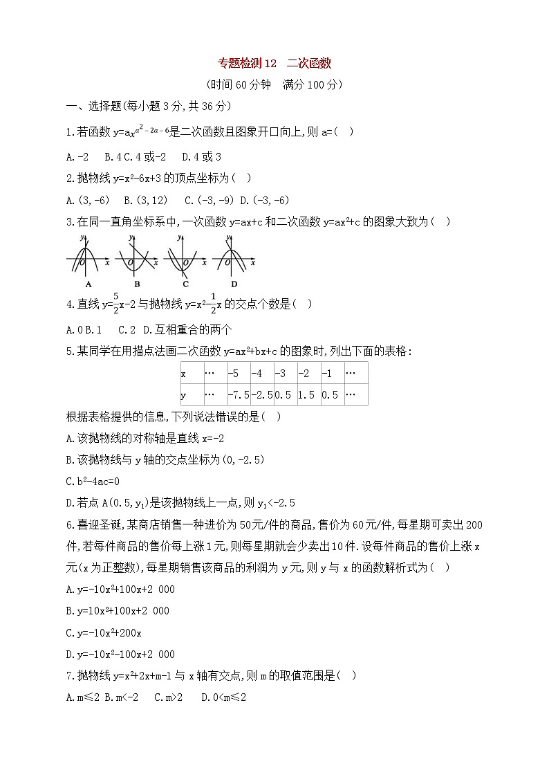 (通用版)中考数学一轮总复习专题检测12《二次函数》(原卷版)01