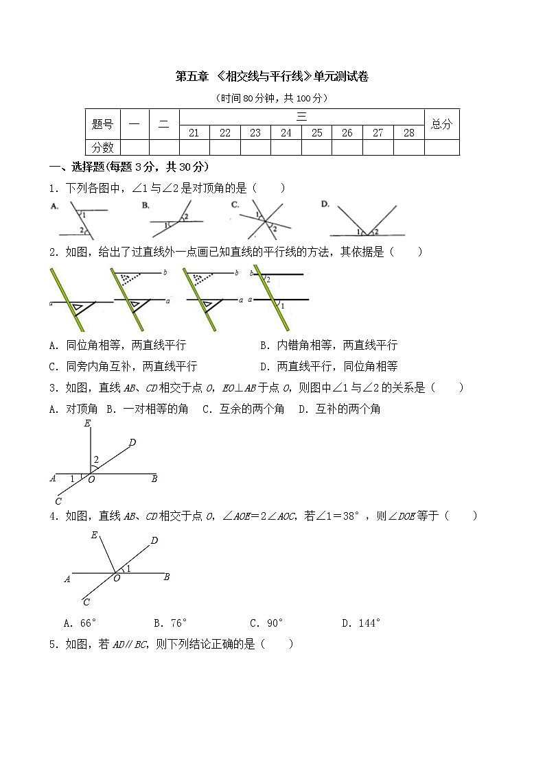人教版 七年级数学 下册 第五章 《相交线与平行线》单元同步测试卷（含答案）(8)第1页