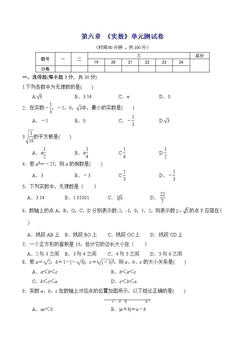 人教版 七年级数学 下册 第六章 《实数》单元同步测试卷（含答案）01
