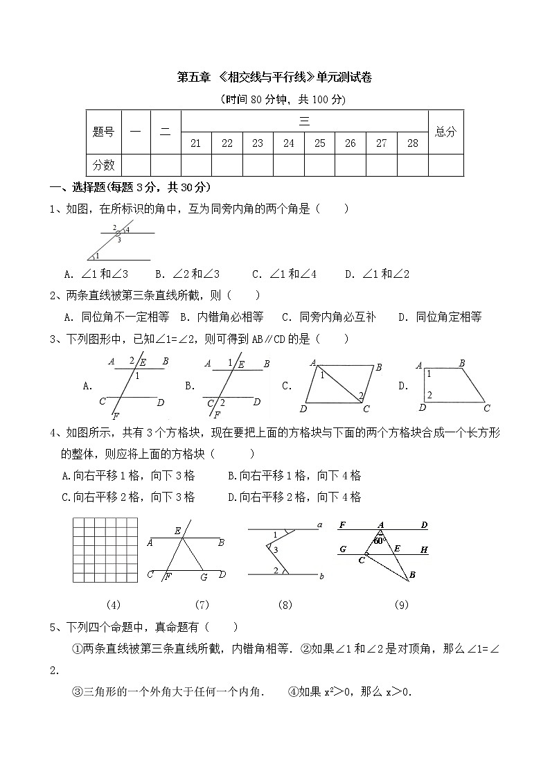 人教版 七年级数学 下册 第五章 《相交线与平行线》单元同步测试卷（含答案）(2)第1页
