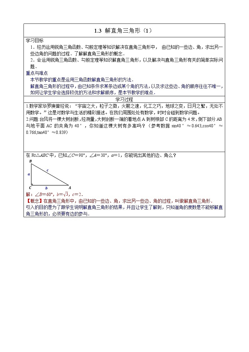 1.3解直角三角形（1）教案第1页