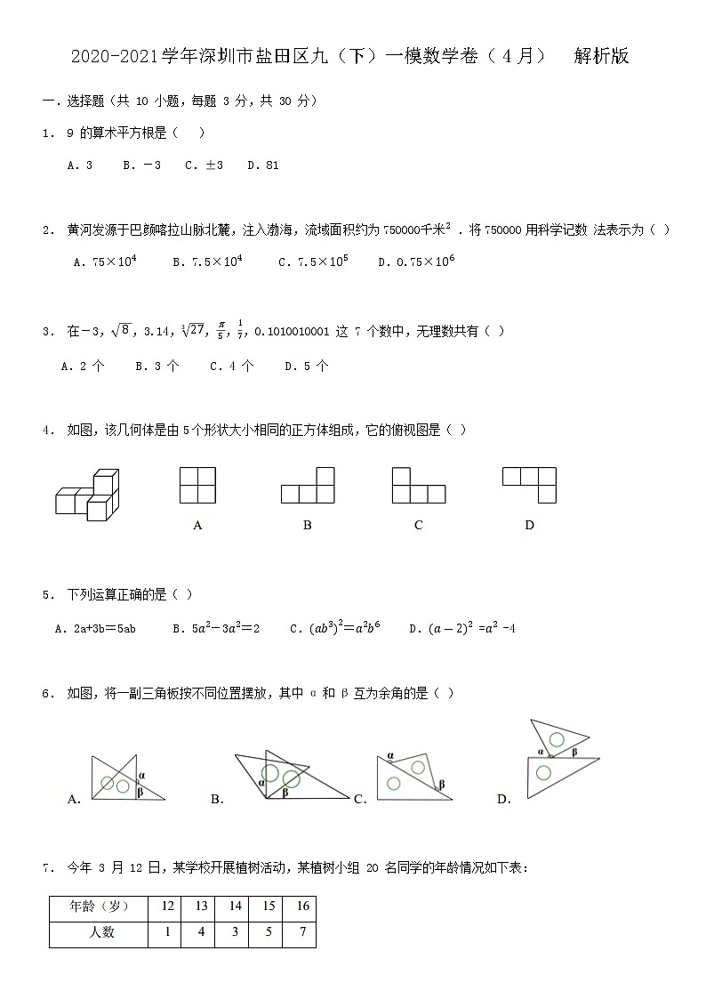 2021学年广东省深圳市盐田区九年级中考一模数学卷（4月）  解析版01