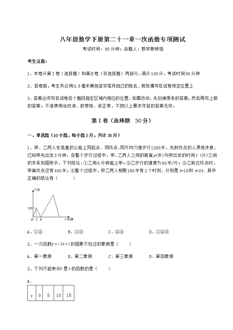 精品试题冀教版八年级数学下册第二十一章一次函数专项测试练习题（含详解）第1页