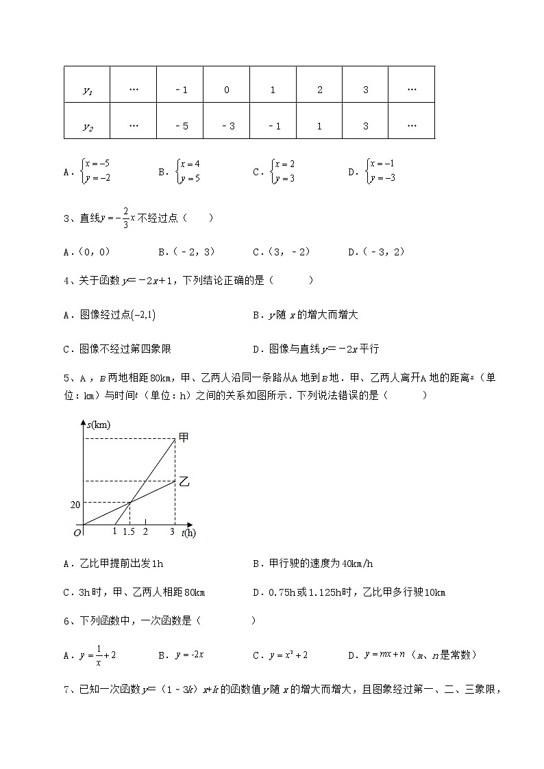 2022年最新冀教版八年级数学下册第二十一章一次函数定向测评试卷（含答案详解）第2页