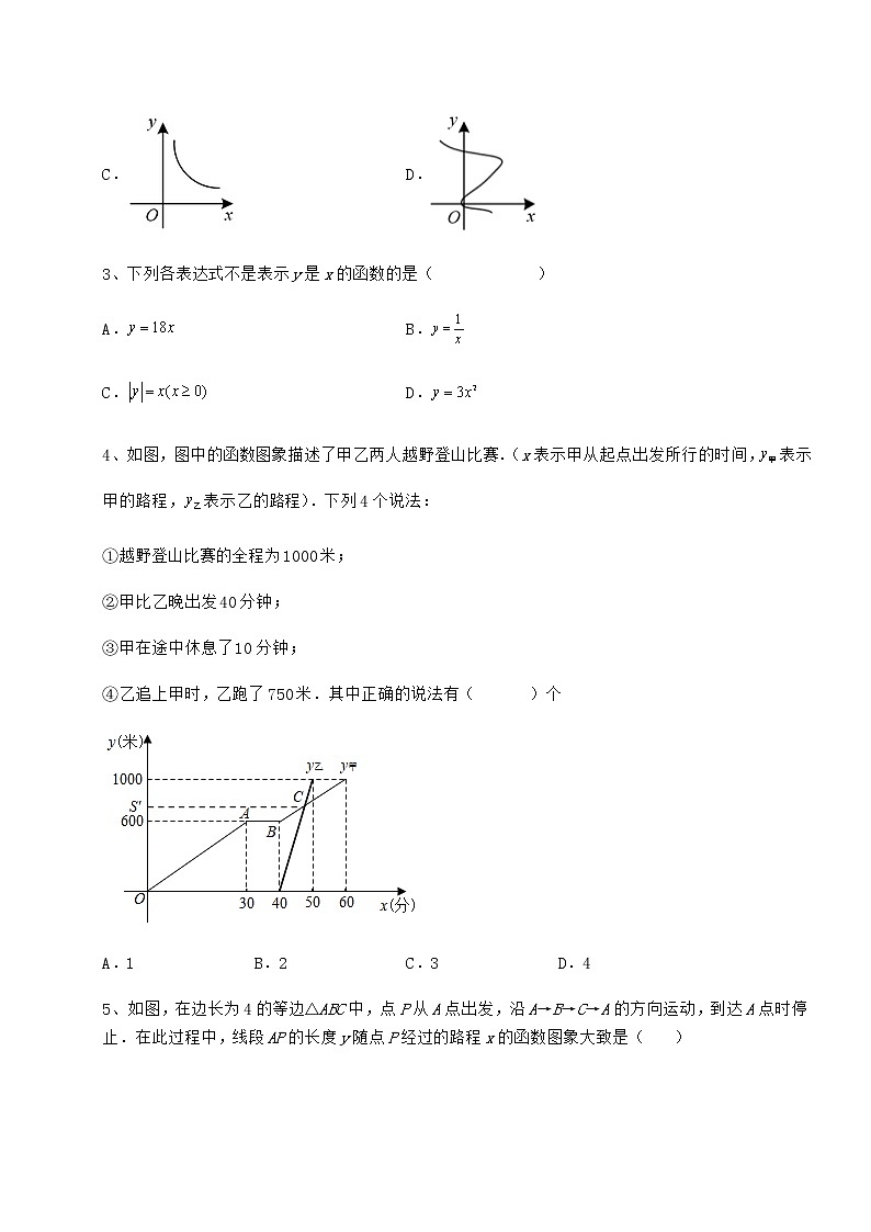难点解析冀教版八年级数学下册第二十章函数章节测试试卷（含答案解析）第2页