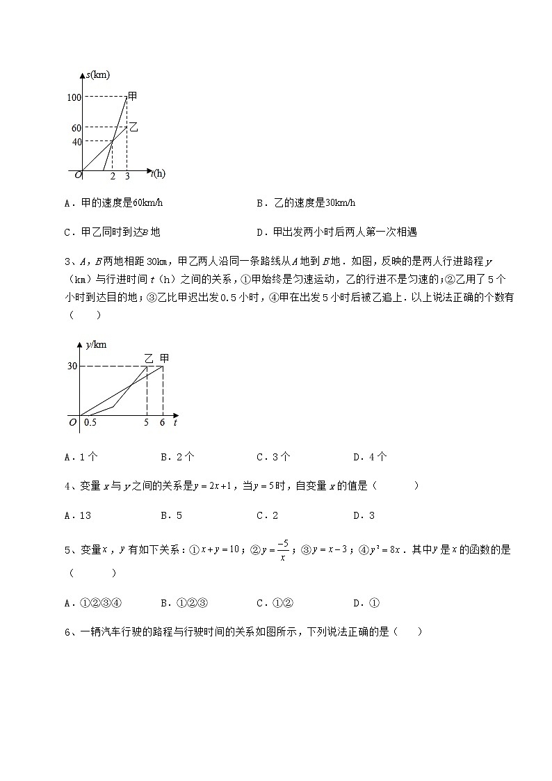 2022年必考点解析冀教版八年级数学下册第二十章函数专项攻克试题（含详细解析）02