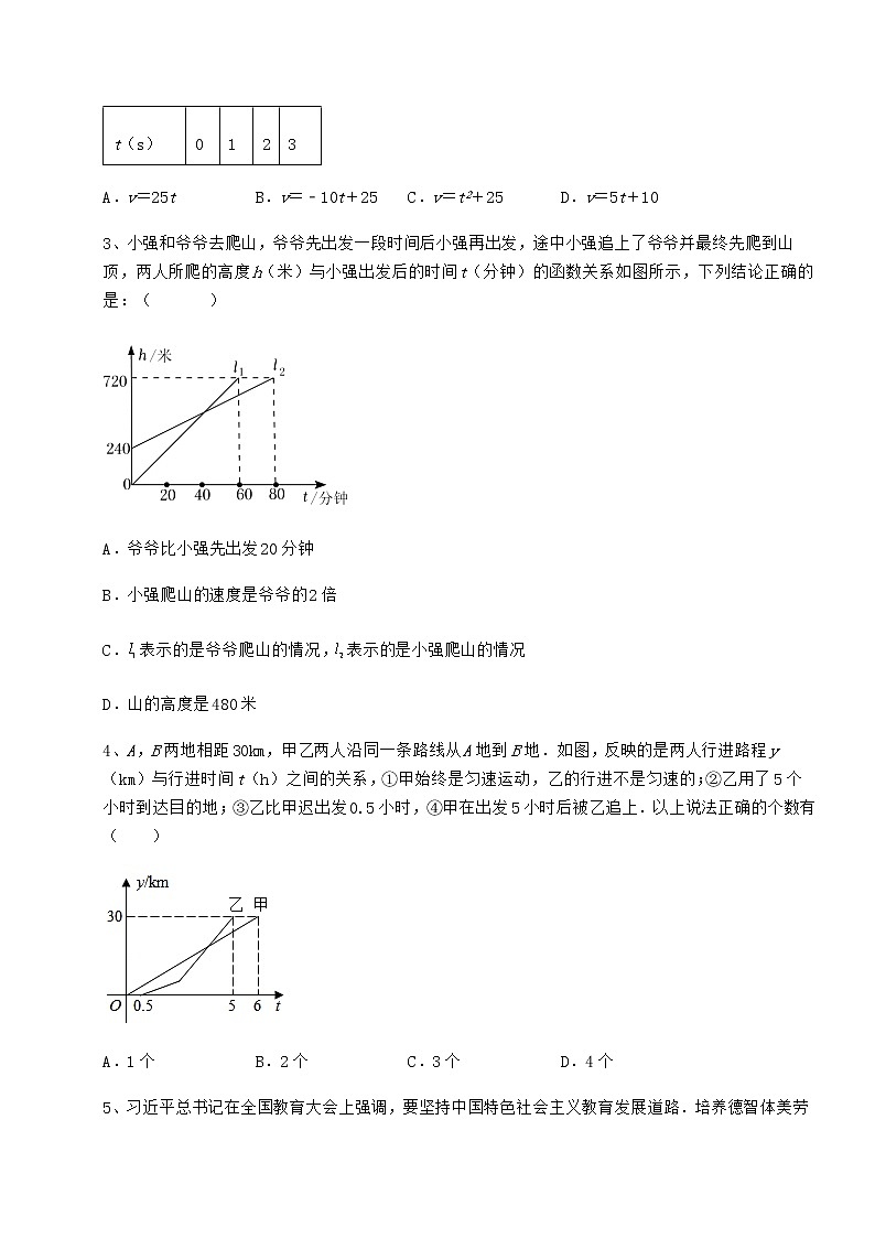 2022年必考点解析冀教版八年级数学下册第二十章函数单元测试试卷（无超纲带解析）第2页