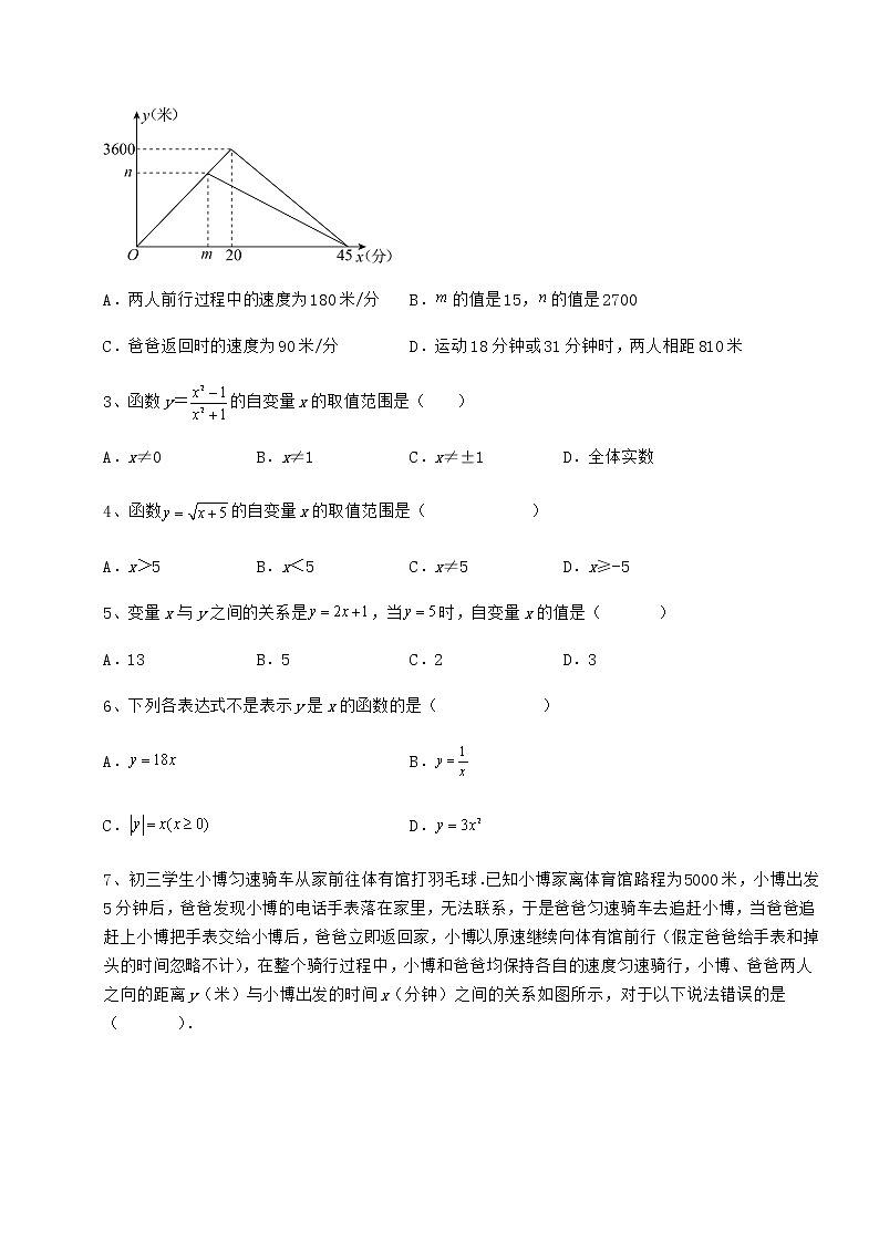 2022年精品解析冀教版八年级数学下册第二十章函数章节测评练习题（含详解）第2页