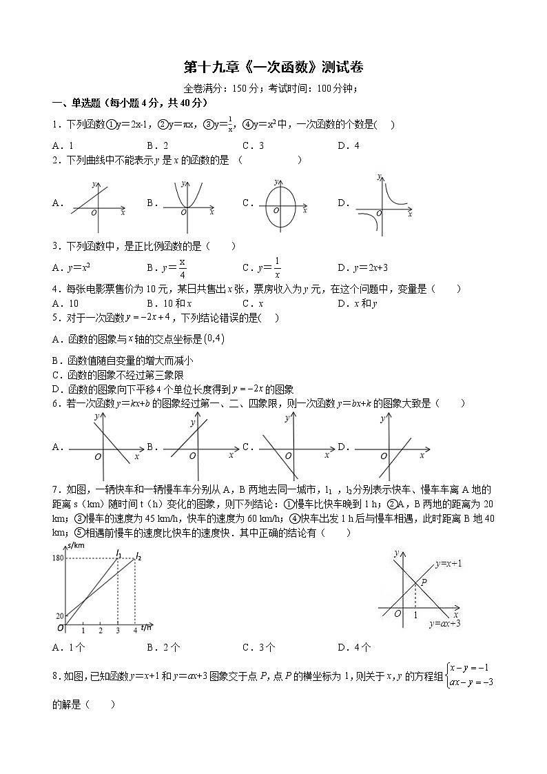 第十九章一次函数测试卷2021-2022学年人教版八年级数学下册（word版 含答案）第1页