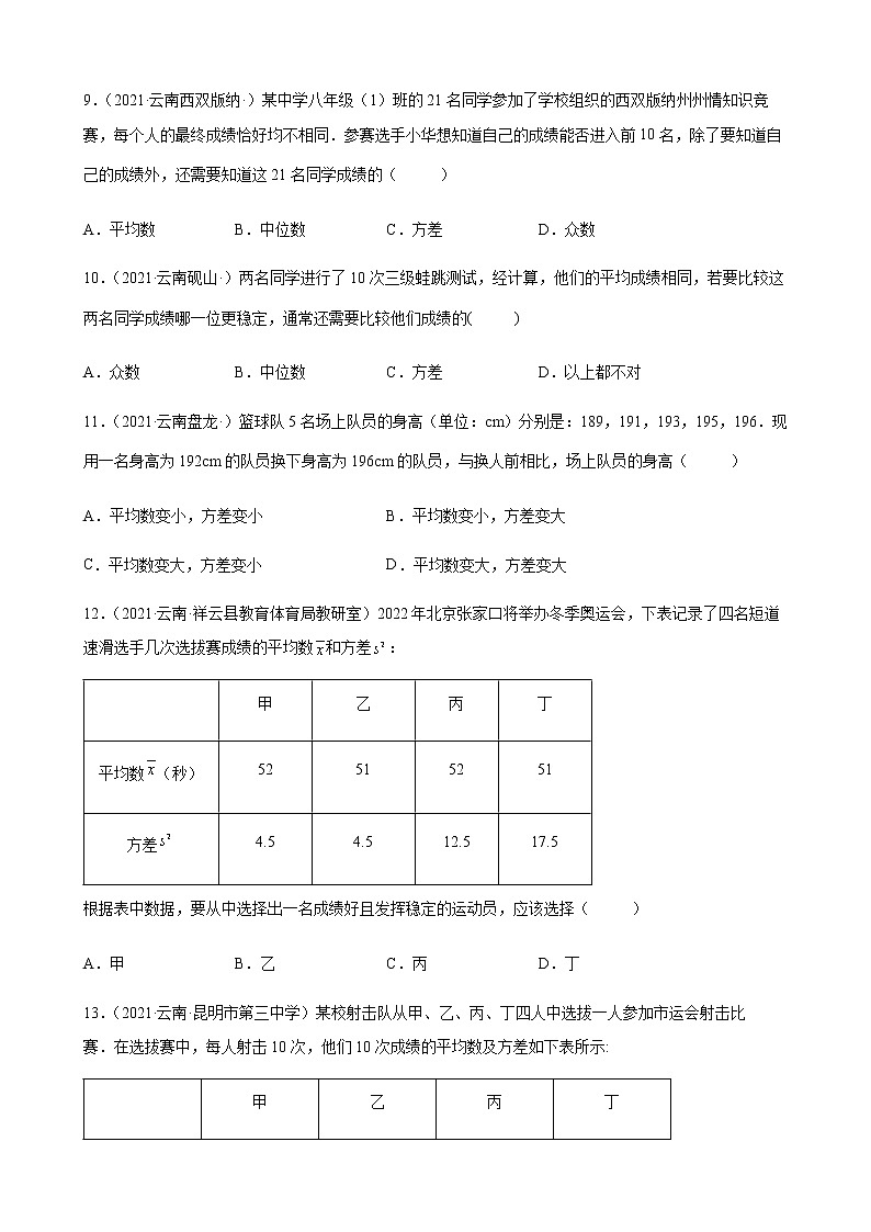 第20章 数据的分析练习题 2020－2021学年云南省各地人教版数学八年级下学期期末试题选编第3页