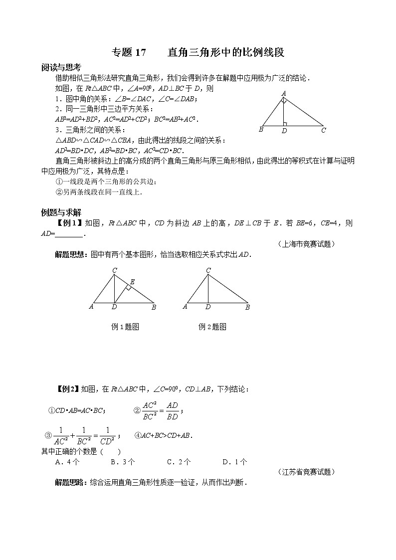 九年级数学 培优竞赛 专题17 直角三角形中的比例线段 讲义第1页