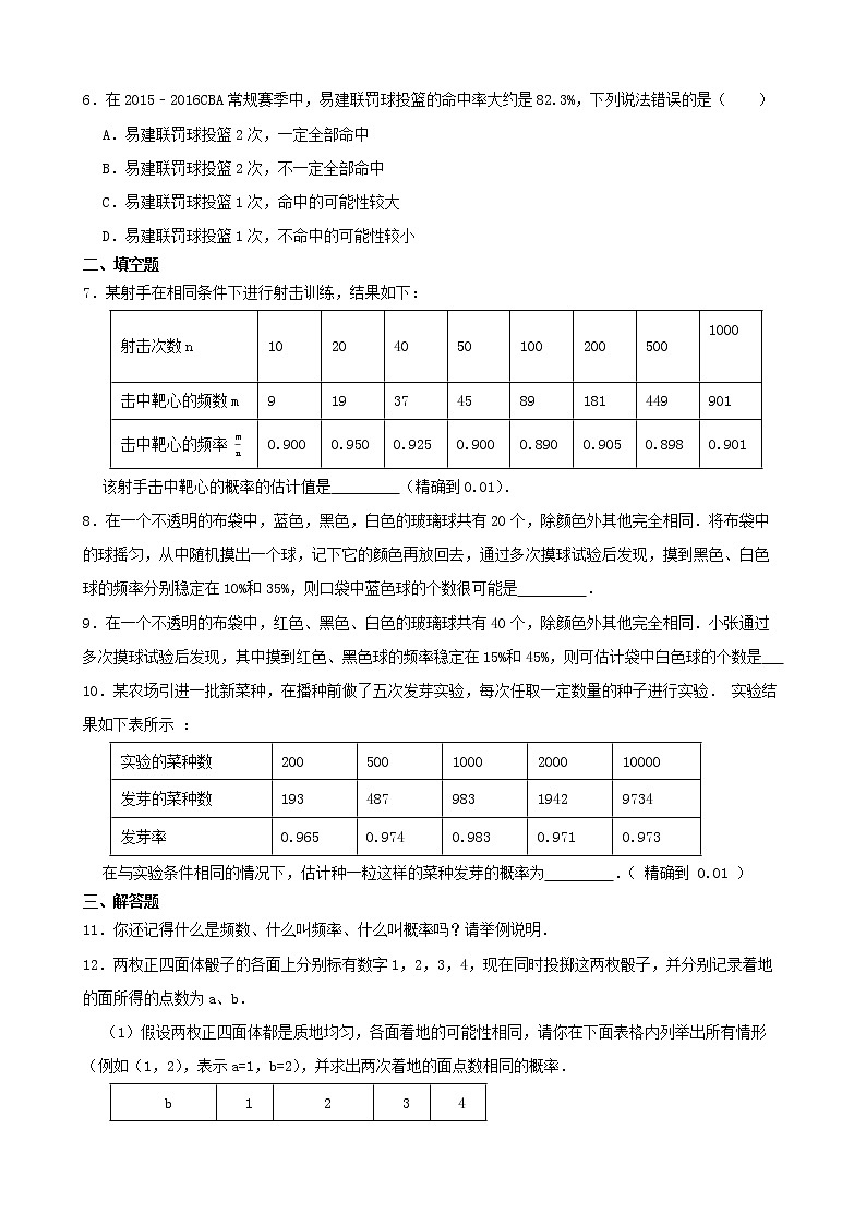 学霸夯基——北师大版数学七年级下册6.2频率的稳定性练习试题02