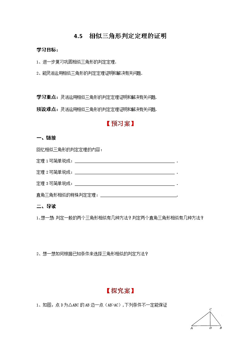 4.5 相似三角形判定定理的证明学案01