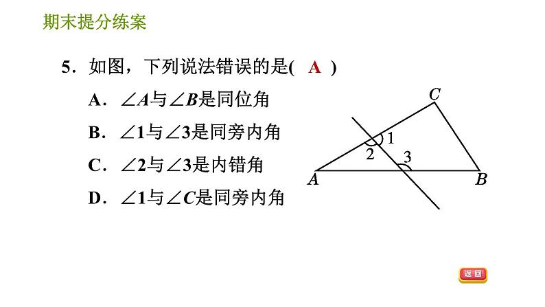 湘教版七年级下册数学 期末提分练案 第5课时　相交线及平行线的性质与判定 习题课件07