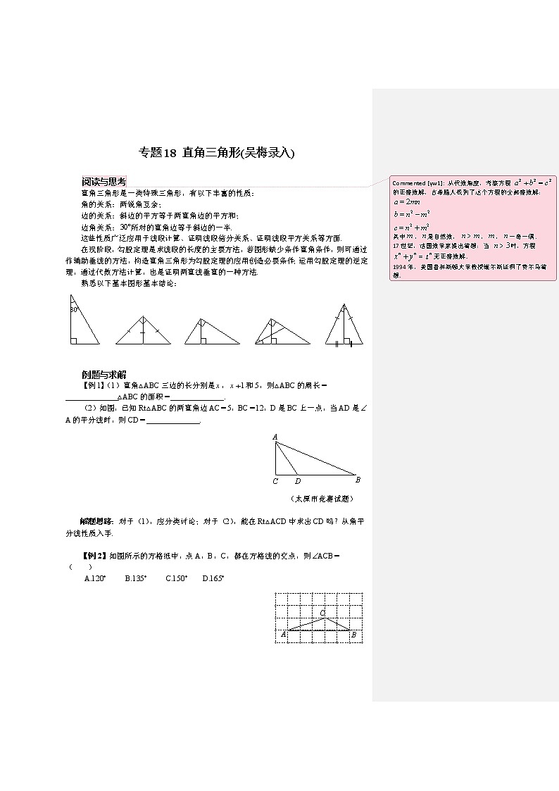 八年级数学 培优竞赛 专题18 直角三角形 讲义学案01