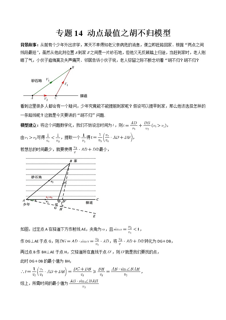 专题14 动点最值之胡不归模型-2022年中考数学几何模型专项复习与训练01