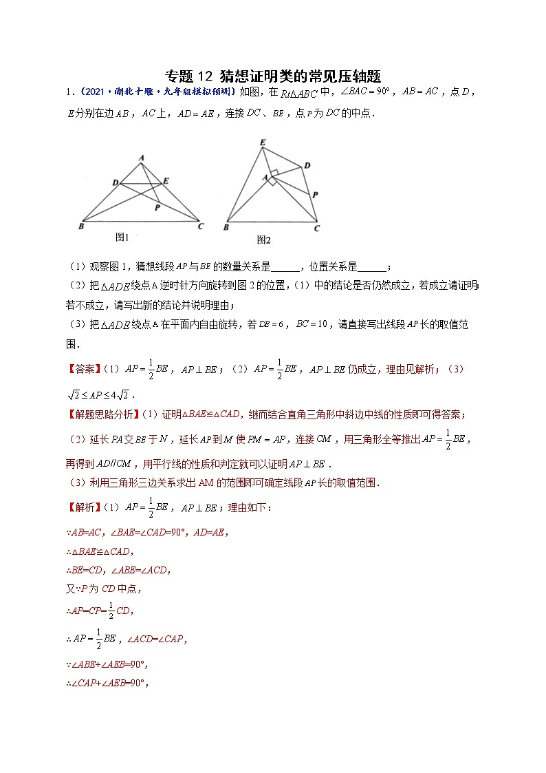 专题12 猜想证明类的常见压轴题-【聚焦压轴】2022届中考数学压轴大题专项训练101