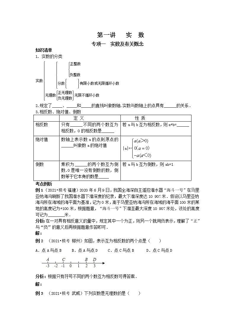 2022年中考（通用版）数学分类复习讲解强化练： 第一讲  实数 （含答案）第1页