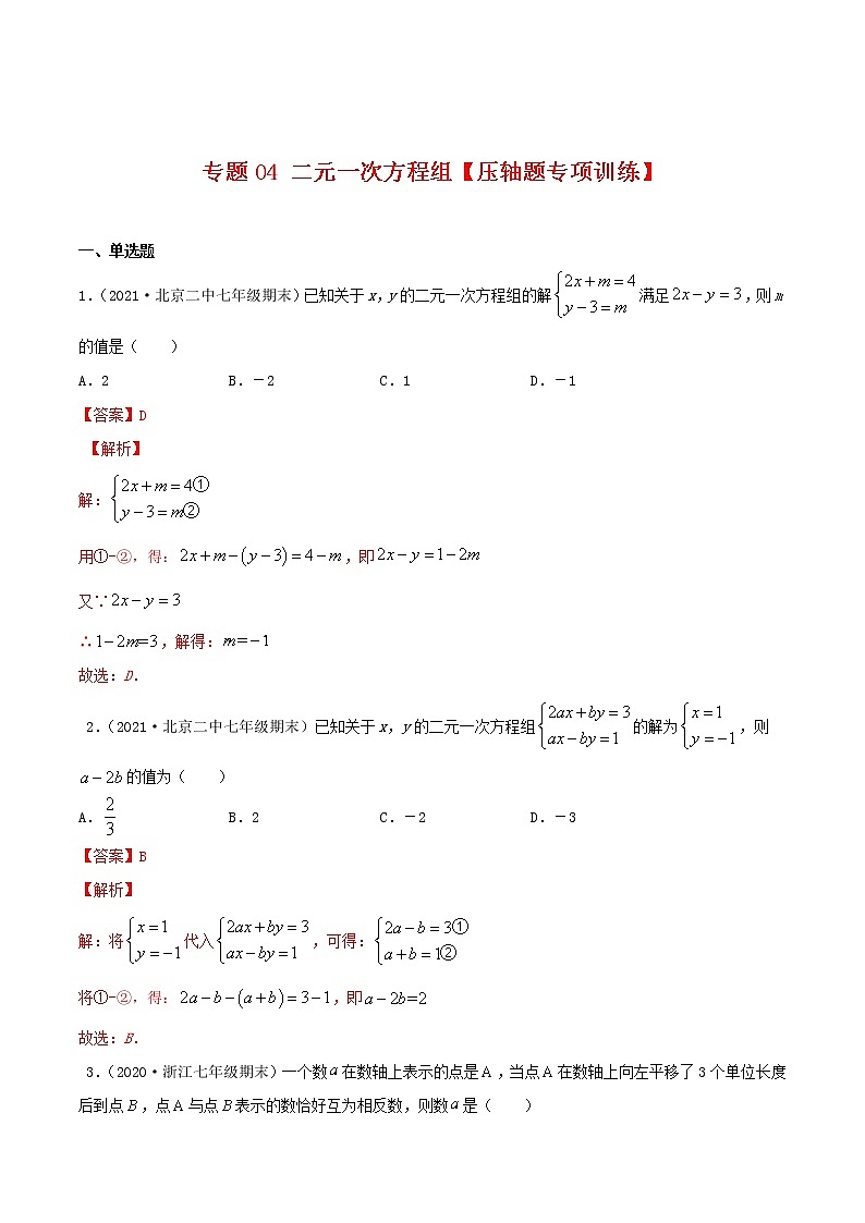 专题04 二元一次方程组【压轴题专项训练】-2021-2022学年七年级数学下学期期末专项复习（人教版）（解析版）第1页