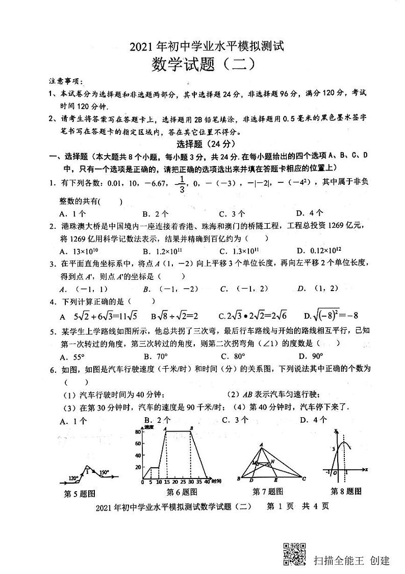 2021年山东省菏泽市单县中考二模数学试题（扫描版）第1页