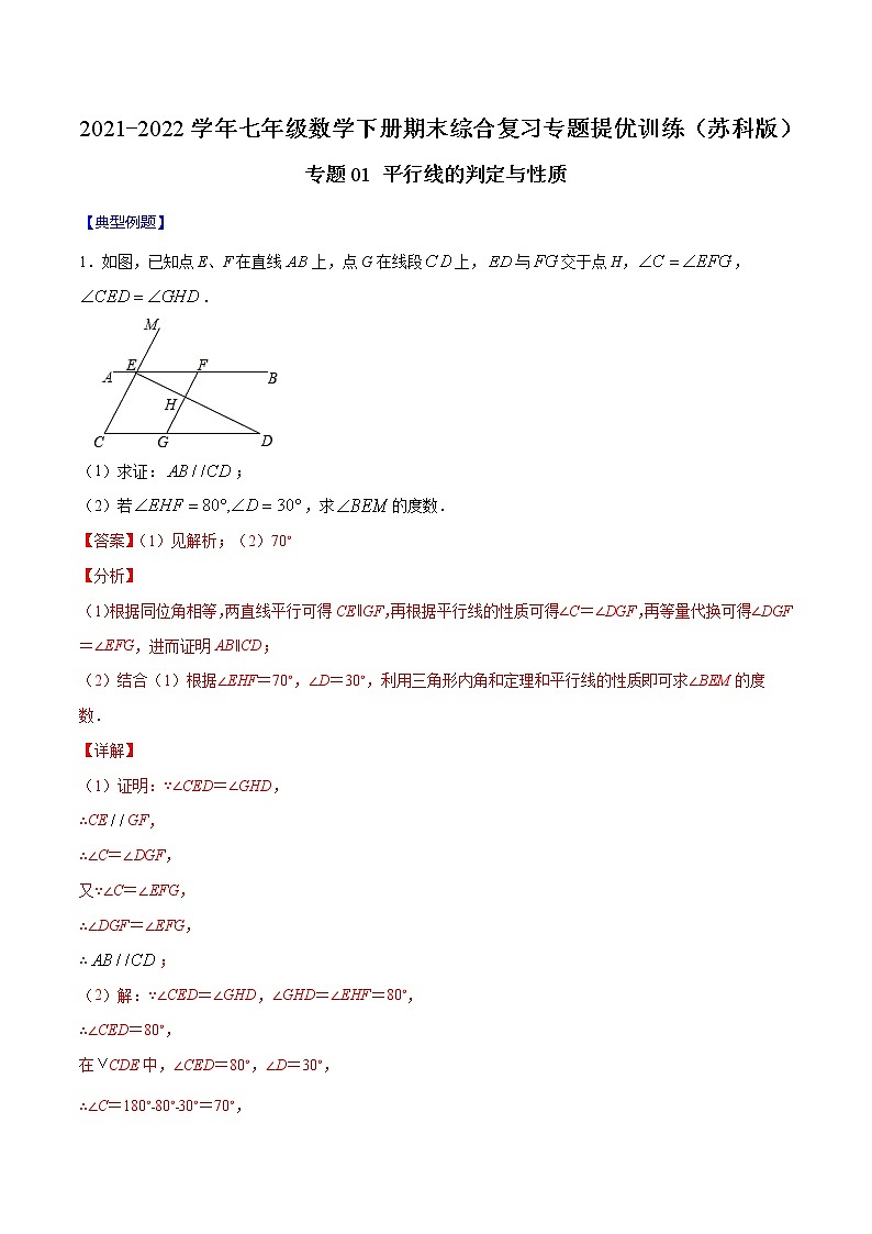专题01 平行线的判定与性质-2021-2022学年七年级数学下册期末综合复习专题提优训练（苏科版）01