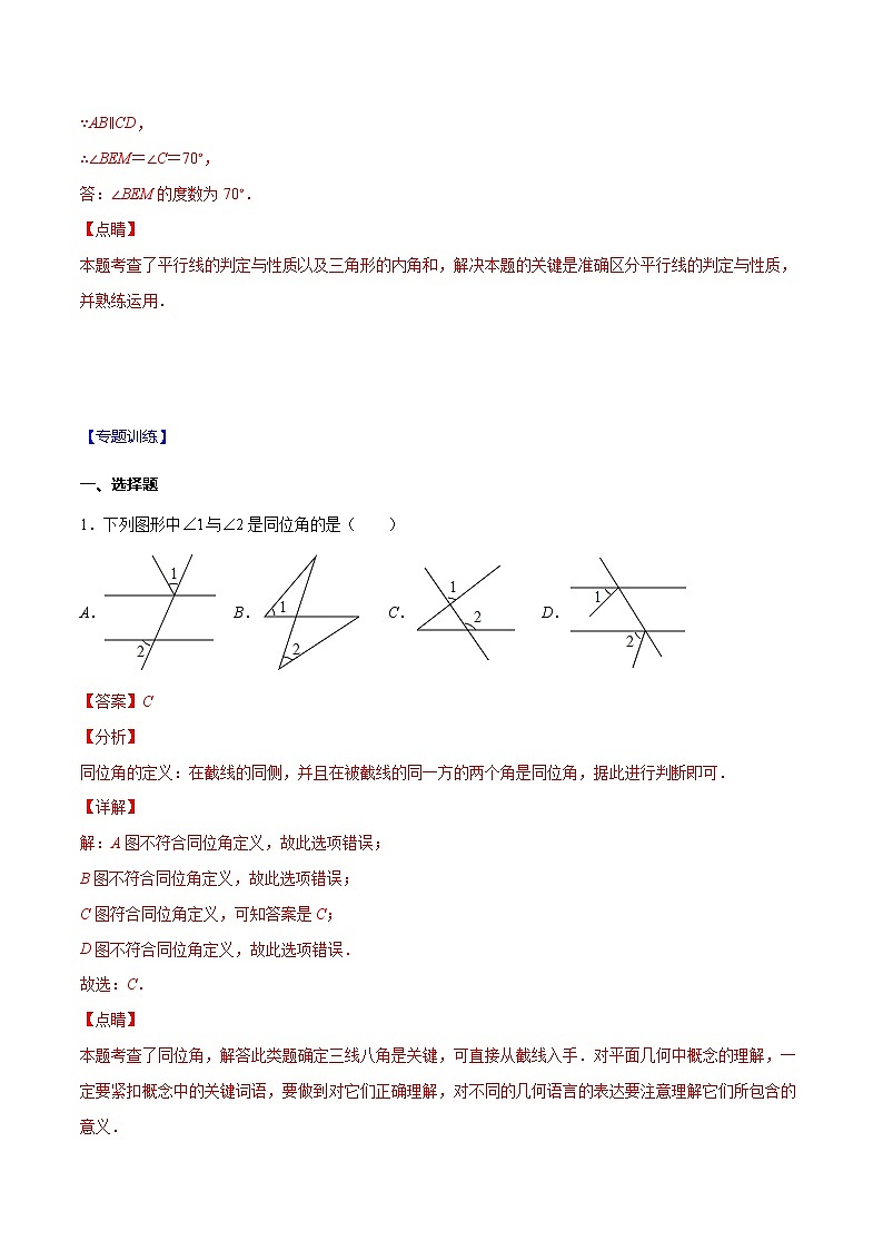 专题01 平行线的判定与性质-2021-2022学年七年级数学下册期末综合复习专题提优训练（苏科版）02