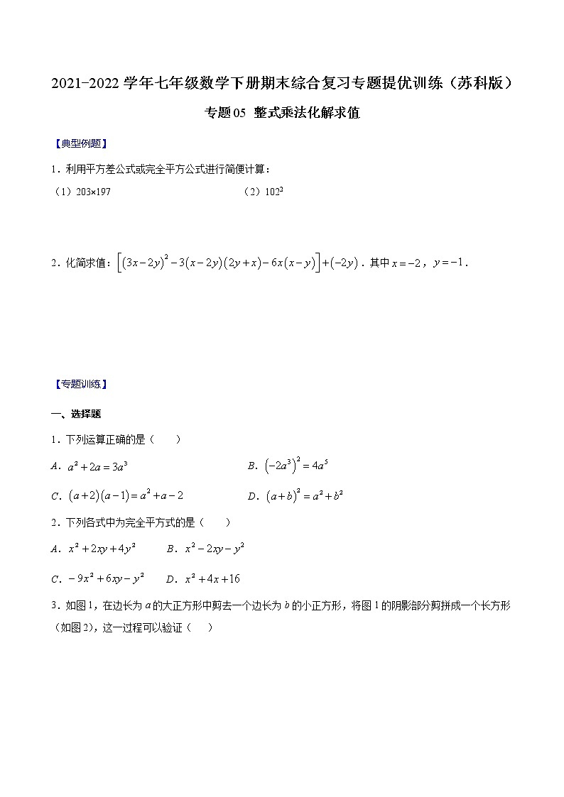 专题05 整式乘法化解求值-2021-2022学年七年级数学下册期末综合复习专题提优训练（苏科版）01