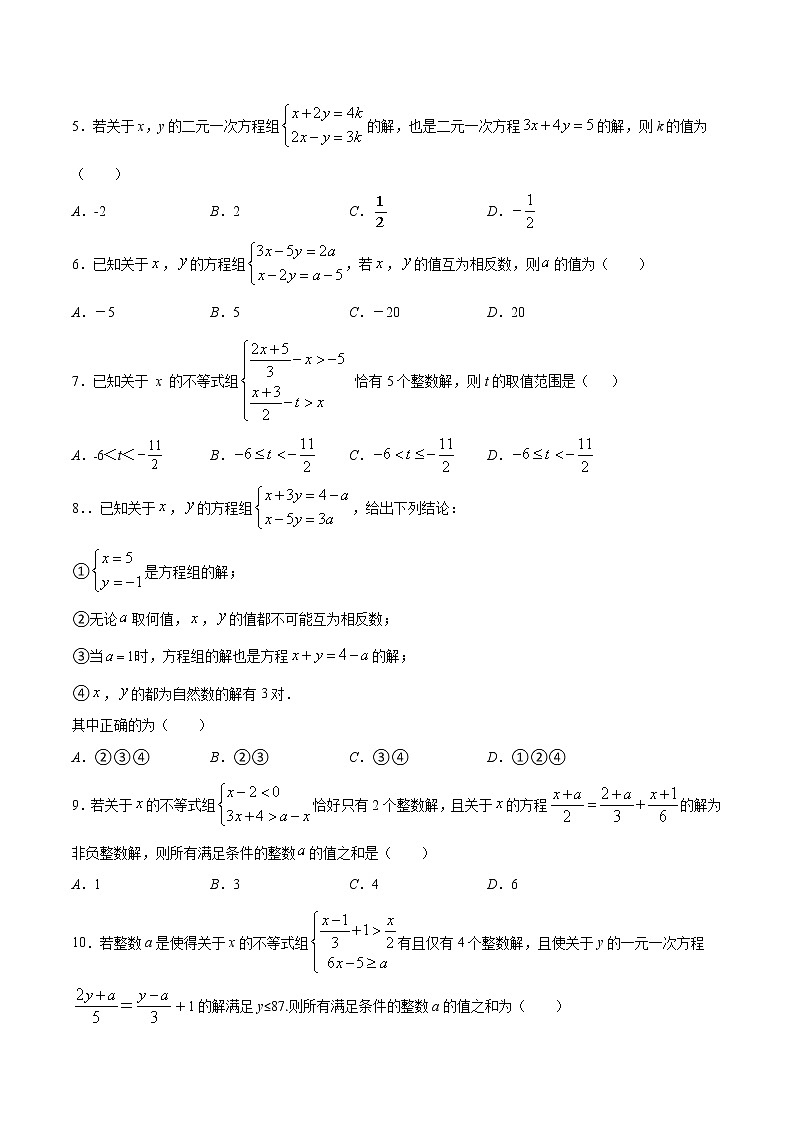 专题09 二元一次方程组与不等式(组) 中含参数问题-2021-2022学年七年级数学下册期末综合复习专题提优训练（苏科版）02
