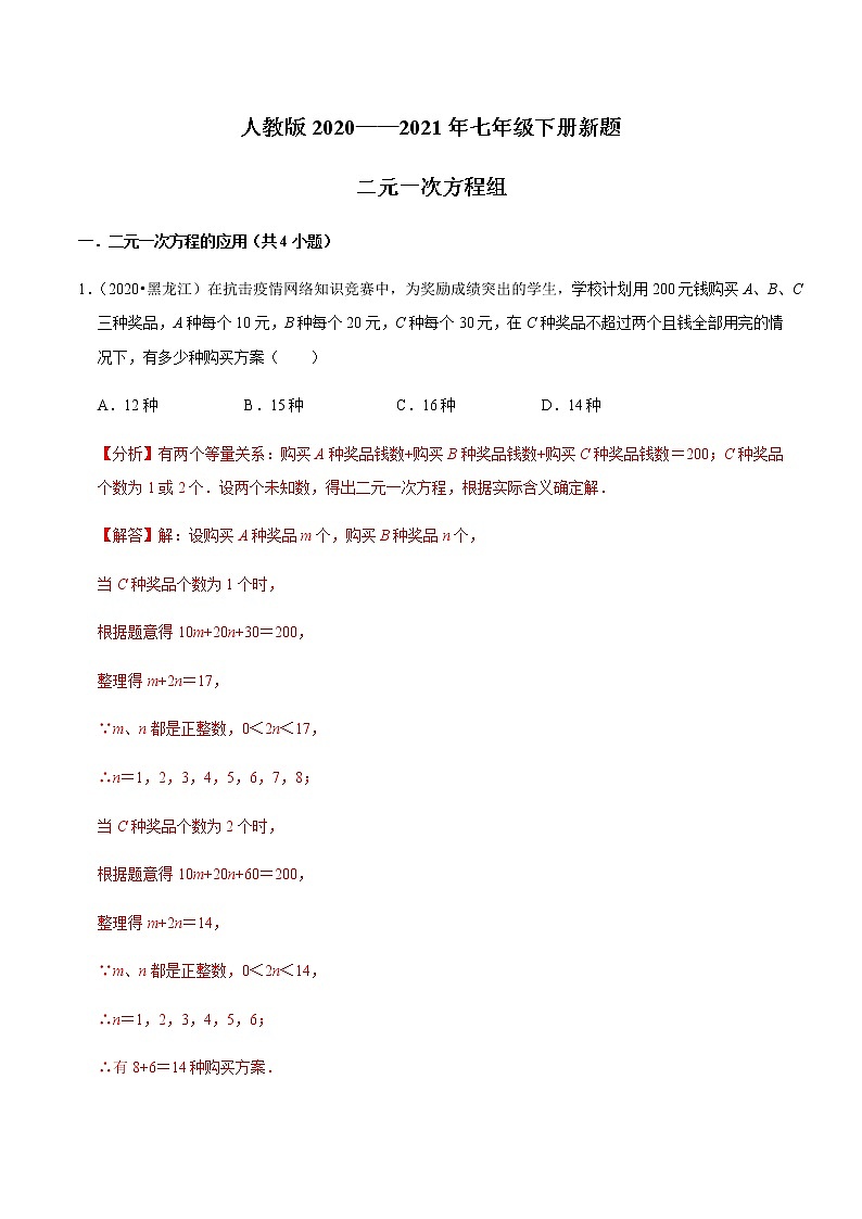 考点07 二元一次方程组（解析版）第1页