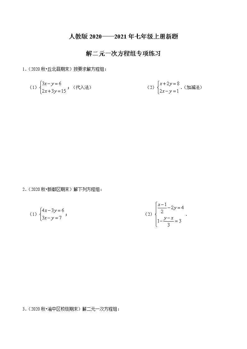 考点08 解二元一次方程组专项练习-2021-2022学年七年级数学下册中考真题专项汇编之期末重难考点训练（人教版）01