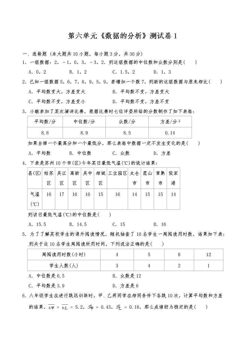 八年级数学上册试题 第六单元《数据的分析》测试卷1-北师大版（含答案）第1页