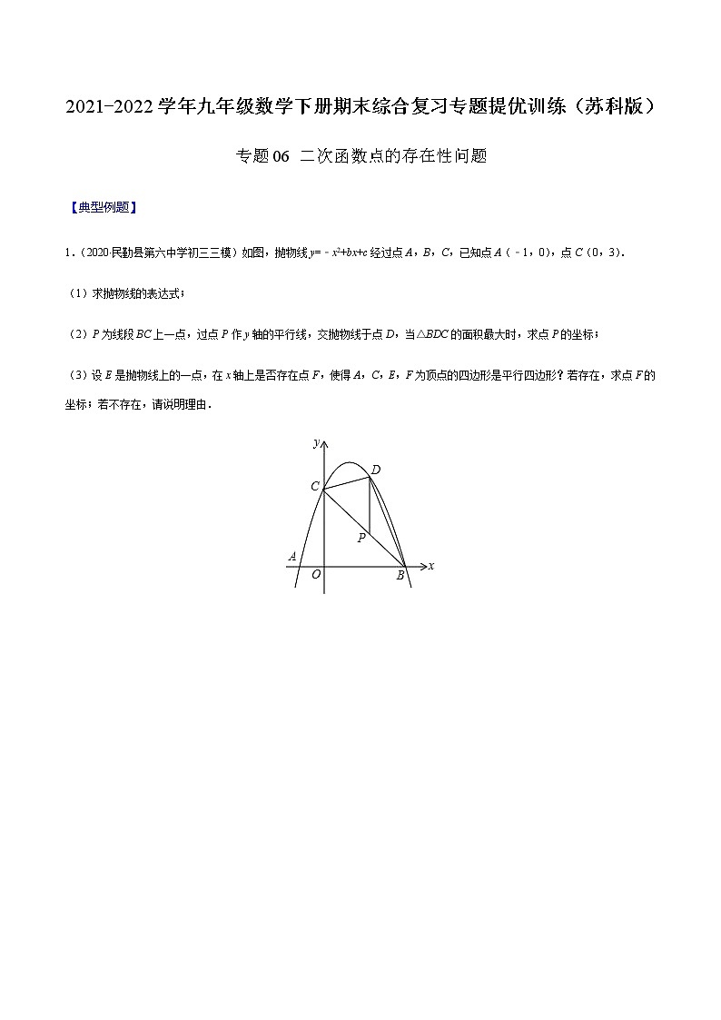 专题06 二次函数存在性问题（原卷版） -2021-2022学年九年级数学下册期末综合复习专题提优训练（苏科版）第1页