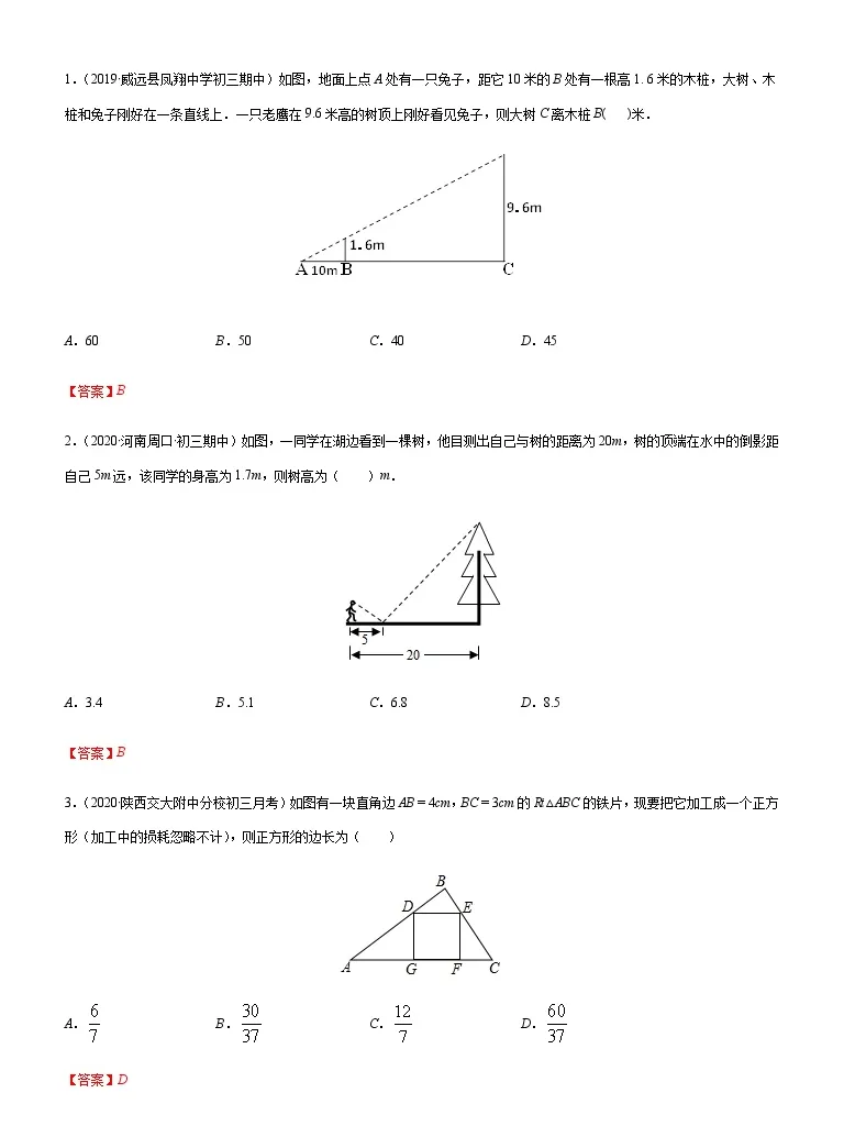 专题11 利用相似三角形解决问题 21 22学年九年级数学下册期末综合复习专题提优训练 苏科版 教习网 试卷下载