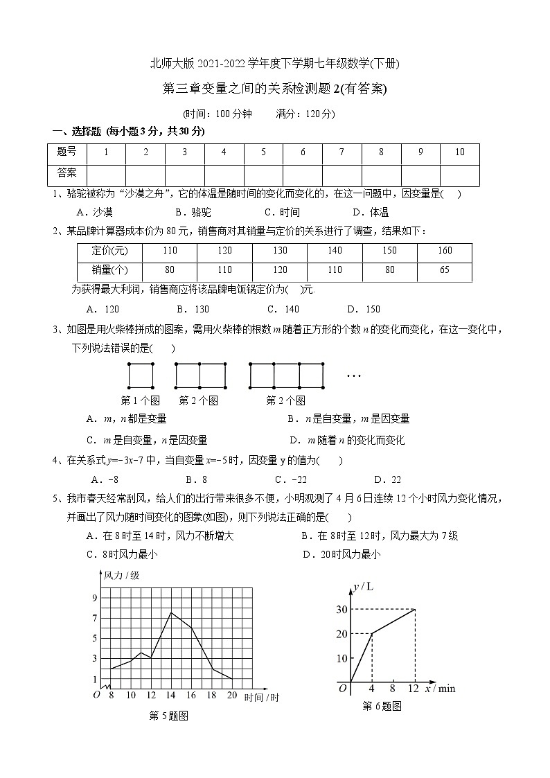 第三章 变量之间的关系  检测题2    2021-2022学年北师大版七年级数学下册 （word版 含答案）第1页