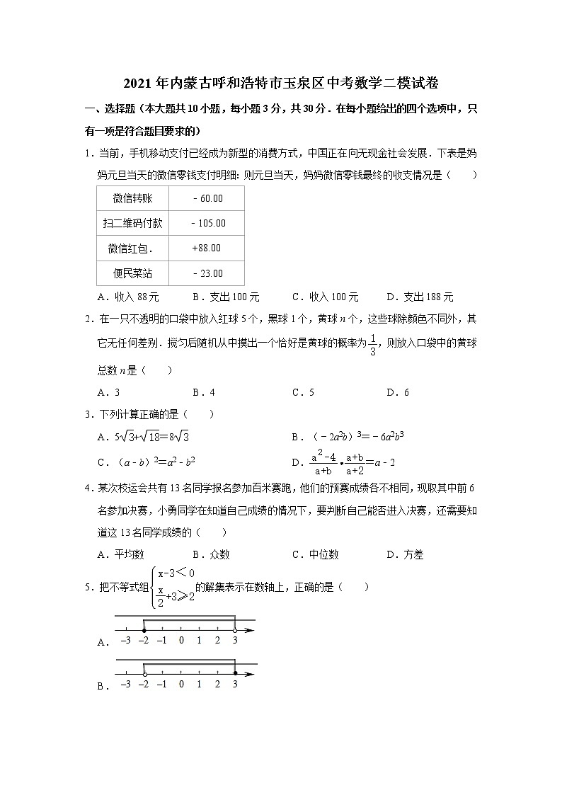2021年内蒙古呼和浩特市玉泉区中考数学二模试卷   解析版第1页