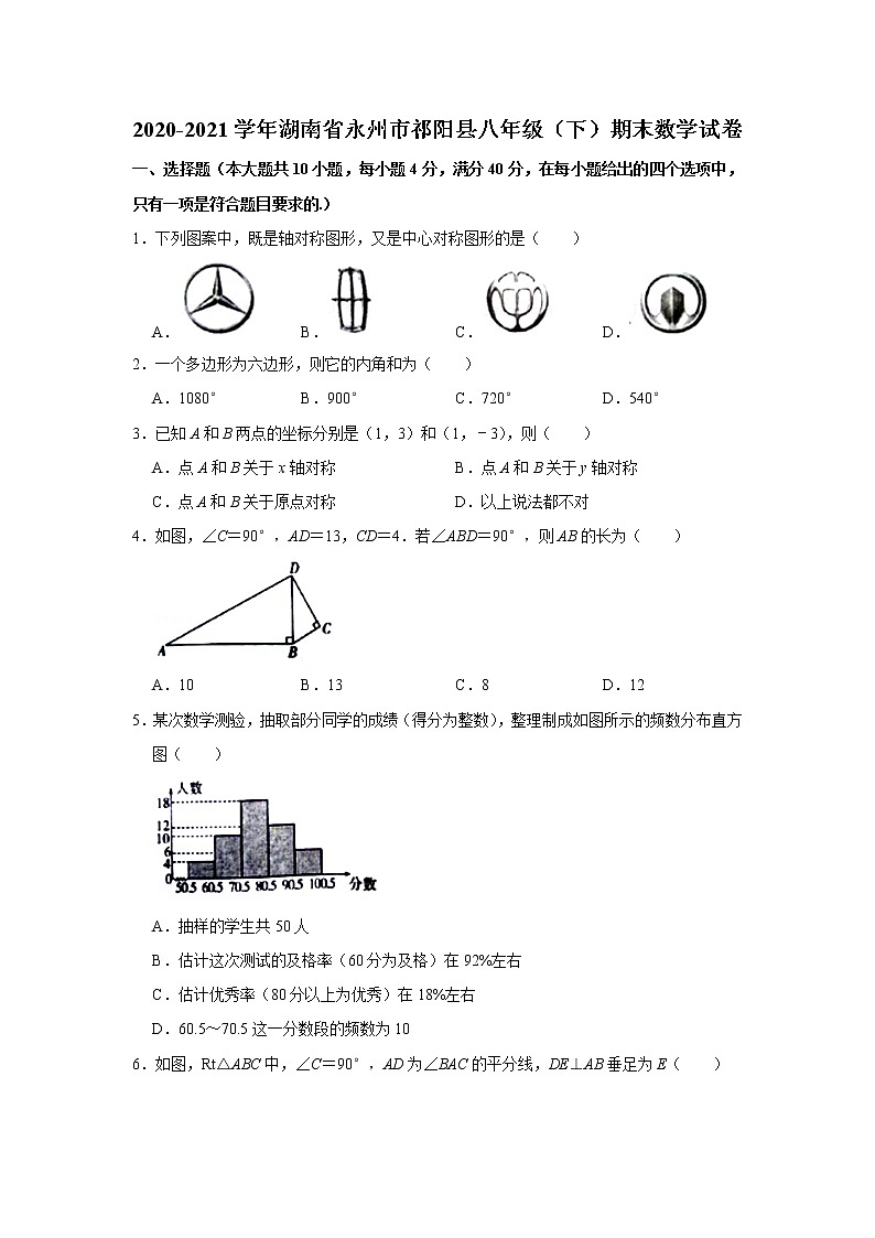 2021年湖南省永州市祁阳县八年级下学期期末数学试卷（无答案）第1页