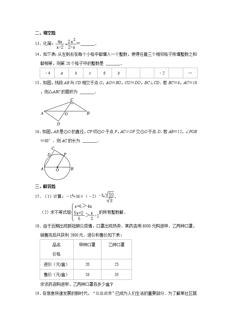 2020年海南省海口市中考数学模拟试卷（6月份）   解析版03