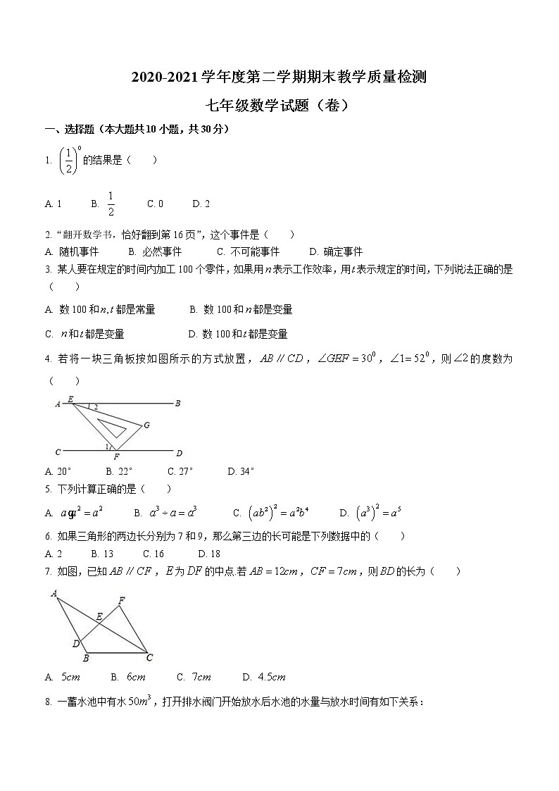 2021年陕西省宝鸡市眉县下学期七年级数学期末试题+无答案第1页