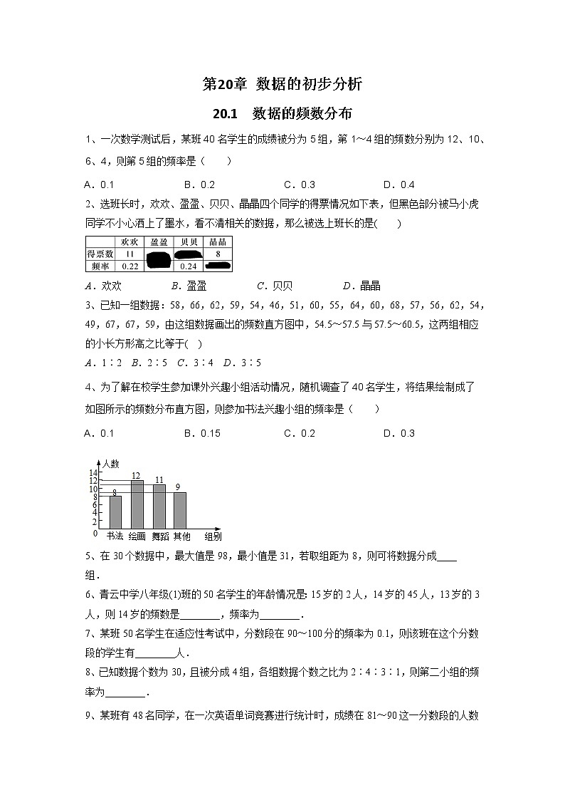 沪科版数学八下 20.1 数据的频数分布（无答案）练习题第1页