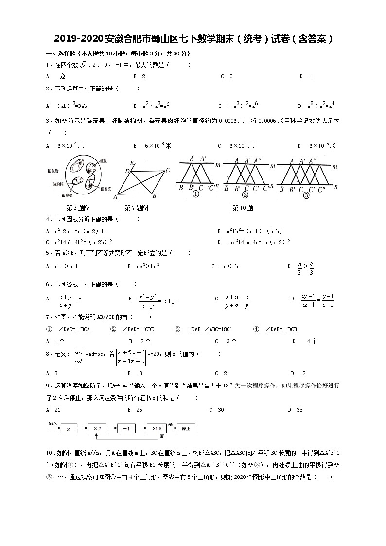2020年安徽省合肥市蜀山区七年级下期末（统考）数学试卷+答案第1页