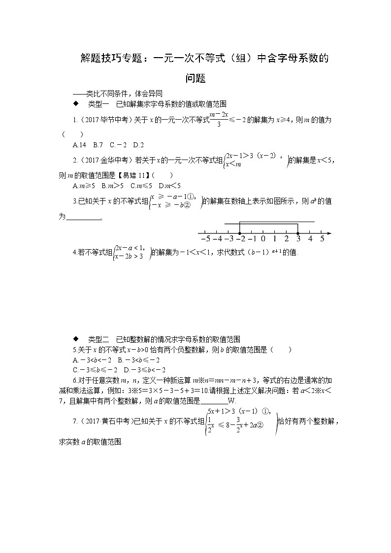 人教版七下数学 解题技巧专题：一元一次不等式（组）中含字母系数的问题01