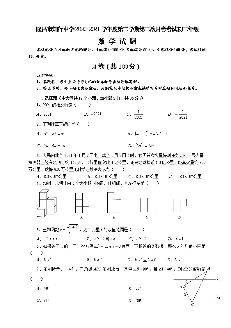 2021年隆昌市知行中学九年级下学期第三次月考数学试题+无答案第1页