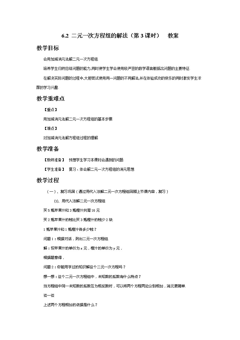 6.2 二元一次方程组的解法（第3课时）-教案第1页