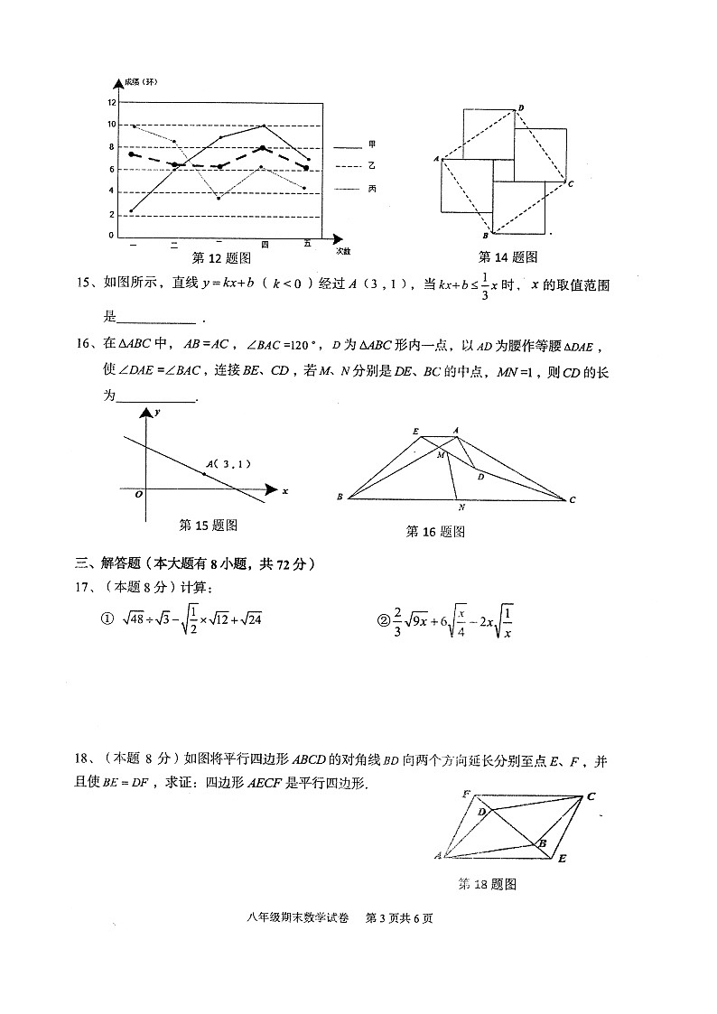 2021年湖北省武汉市蔡甸区下学期期末调研测试八年级数学试卷（无答案）03