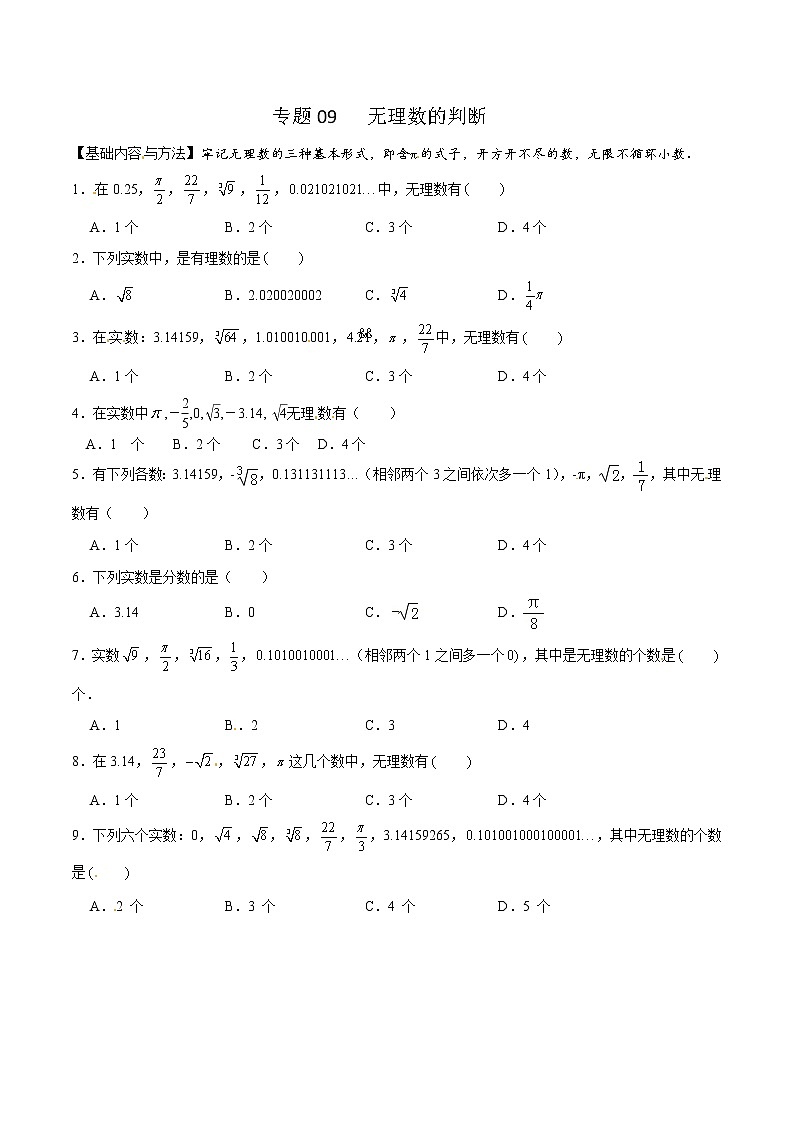 专题09 无理数的判断-2021-2022学年七年级数学下学期期末高频考点专题突破（人教版）01