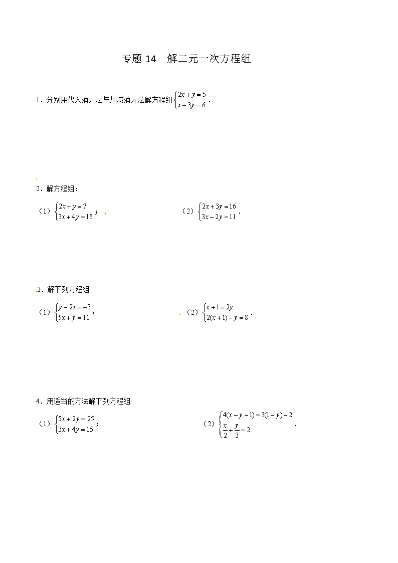 专题14 解二元一次方程组（原卷版）第1页