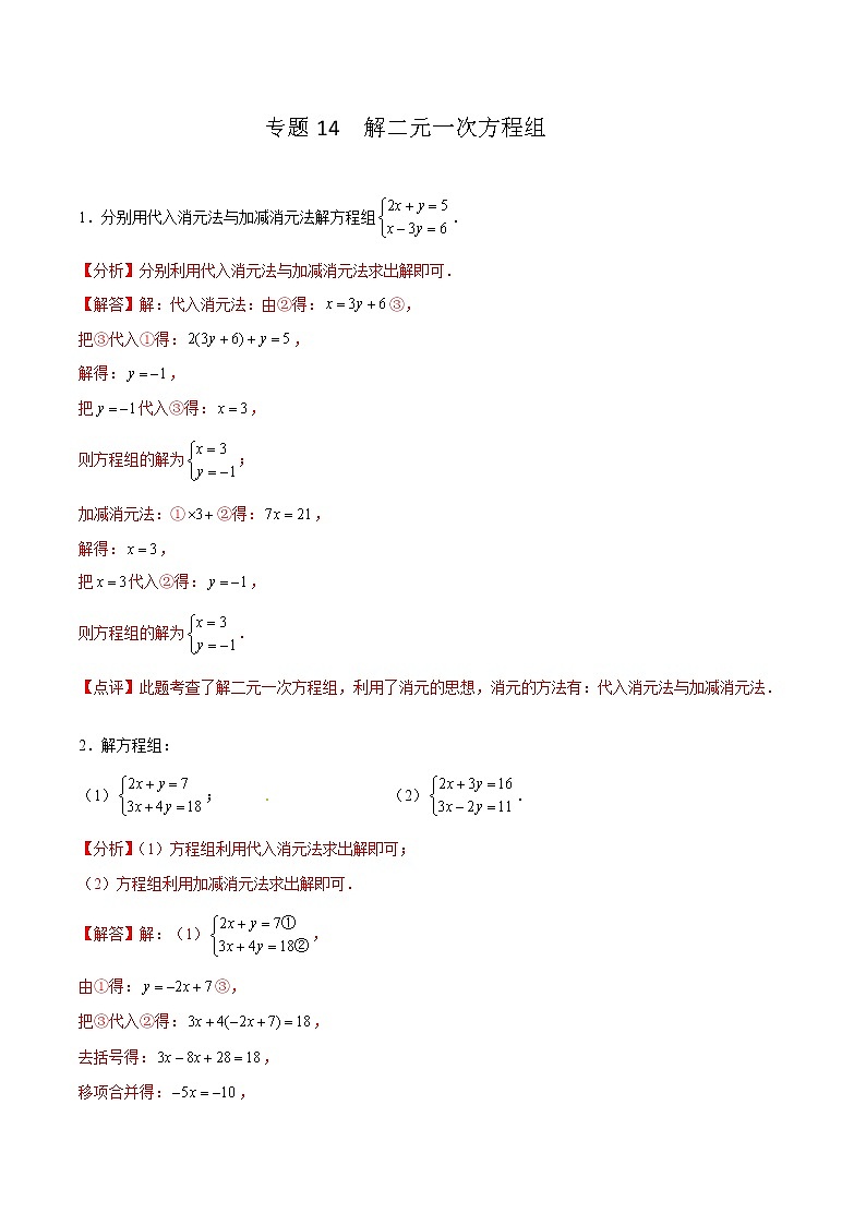 专题14 解二元一次方程组（解析版）第1页