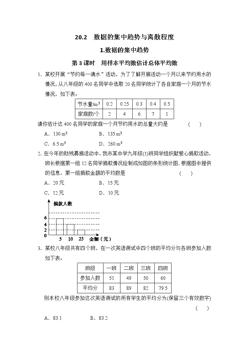 沪科版数学八下 20.2.1 第3课时 用样本平均数估计总体平均数（无答案）练习题01